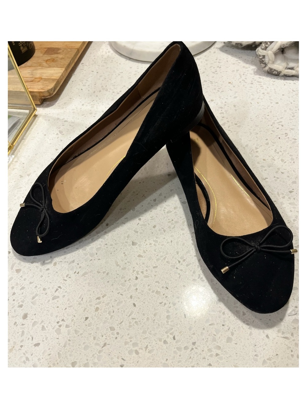 Black Suede Ballet Flats with Bow Accent